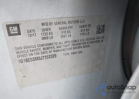 2018 Chevrolet Cruze Ls Auto из США, поврежденный, VIN 1G1BC5SM0J7153329